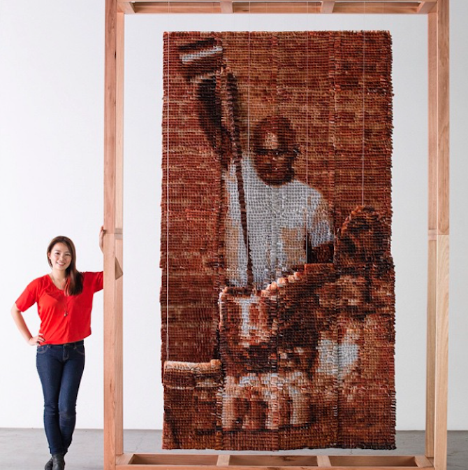 Artist Red Hong Yi used 20,000 stained tea bags to create an amazing portrait of a Teh Tarik man, a man preparing a traditional Malaysian tea.