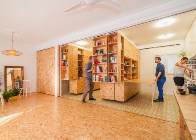 Gorgeous home in Madrid that can be rearranged within seconds. Functional small space by PKMN Architectures for designer Yolanda Pila.